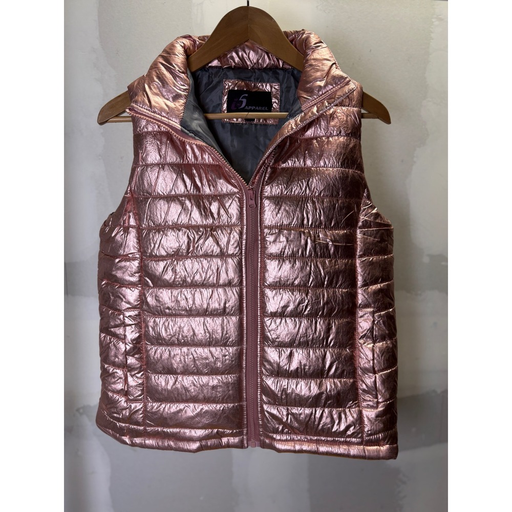 i5 Apparel Womens Metallic Rose Gold Puffer Vest Quilted Zip Up Mock Neck Size M